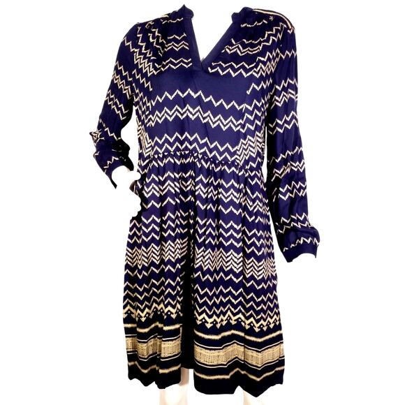 Holding Horses Navy Beige Chevron Long Sleeve Dress Size Medium - Picture 1 of 5